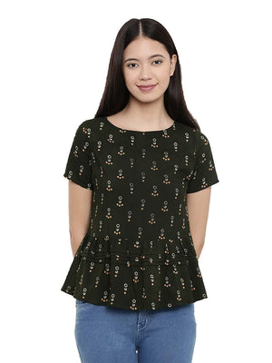 Chumbak Printed Viscose Olive Green Peplum Top for Women