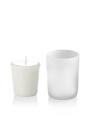 Set of 144, 15hr White Votive Candles And Frosted Holders