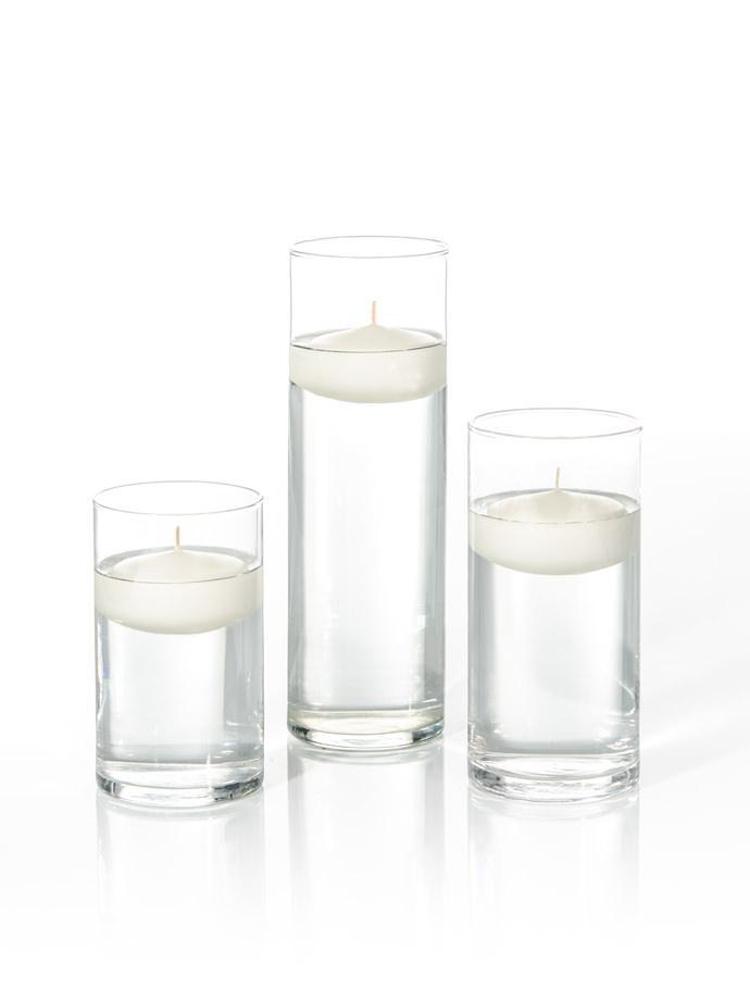 3.5"D x 6", 7.5", 9"H - 3" Floating Candles & Cylinder Vases - Set of 18