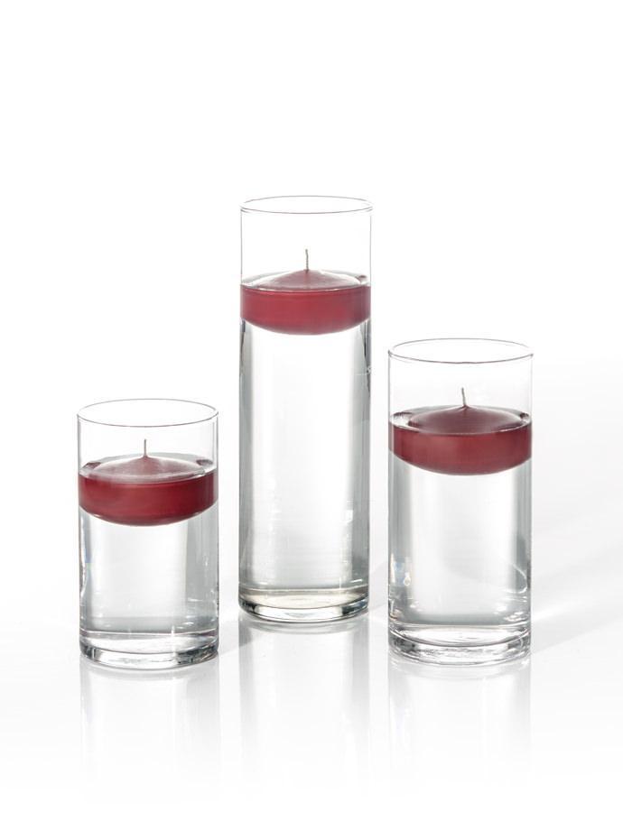 3.5"D x 6", 7.5", 9"H - 3" Floating Candles & Cylinder Vases - Set of 18