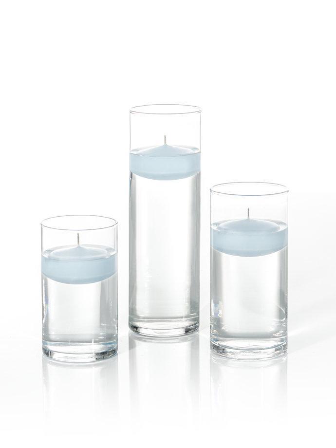 3.5"D x 6", 7.5", 9"H - 3" Floating Candles & Cylinder Vases - Set of 18