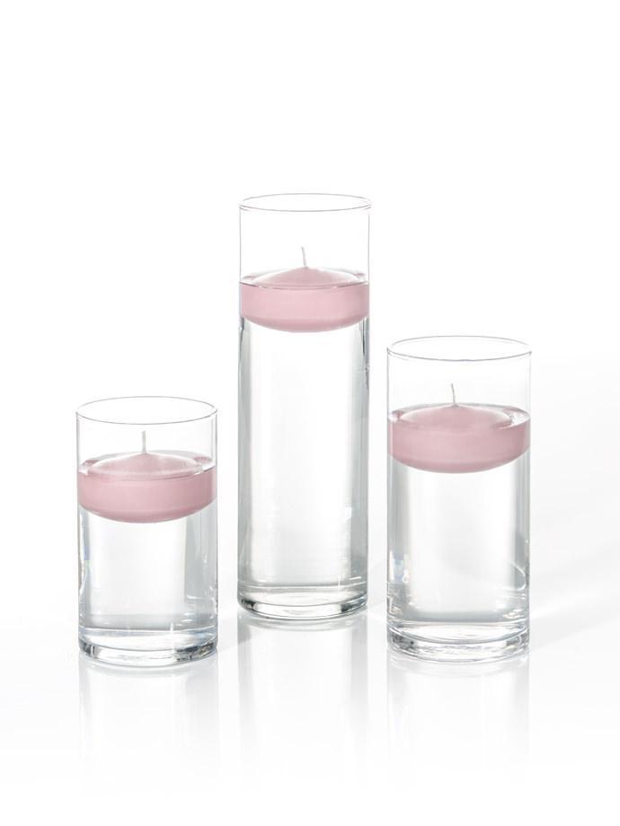 3.5"D x 6", 7.5", 9"H - 3" Floating Candles & Cylinder Vases - Set of 18