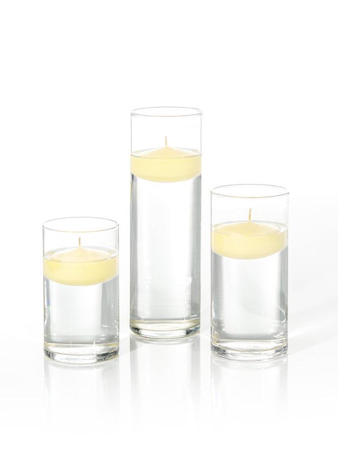 3.5"D x 6", 7.5", 9"H - 3" Floating Candles & Cylinder Vases - Set of 18