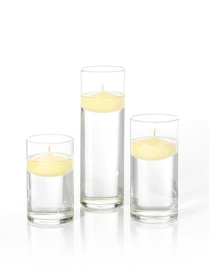 3.5"D x 6", 7.5", 9"H - 3" Floating Candles & Cylinder Vases - Set of 18