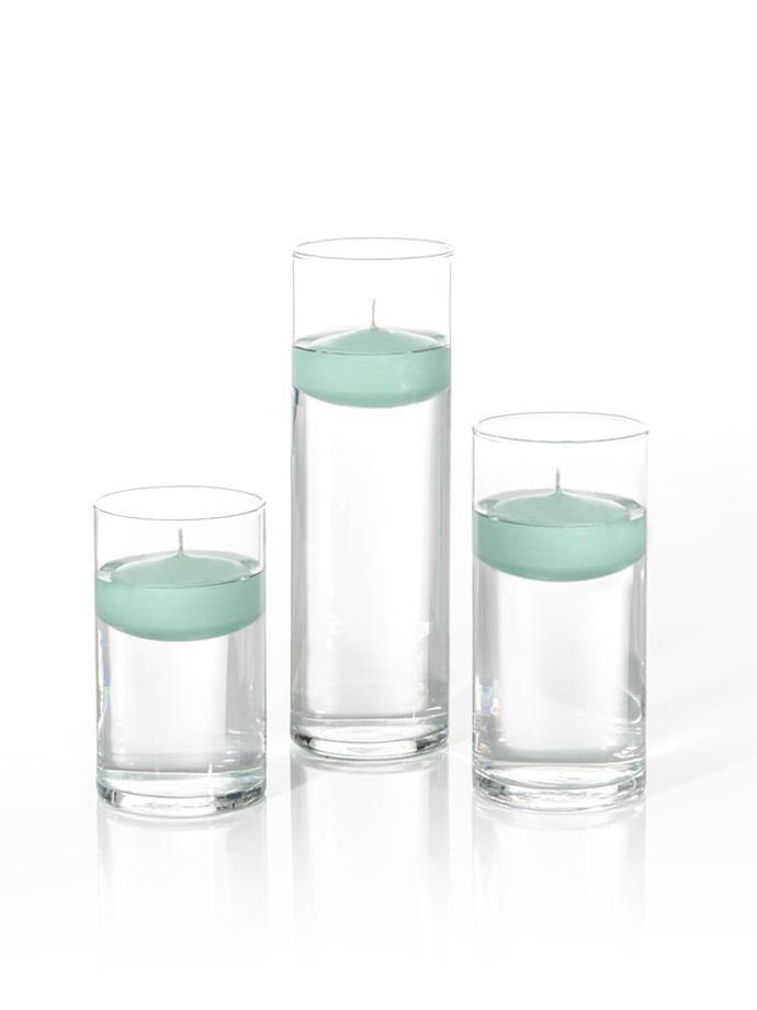 3.5"D x 6", 7.5", 9"H - 3" Floating Candles & Cylinder Vases - Set of 18