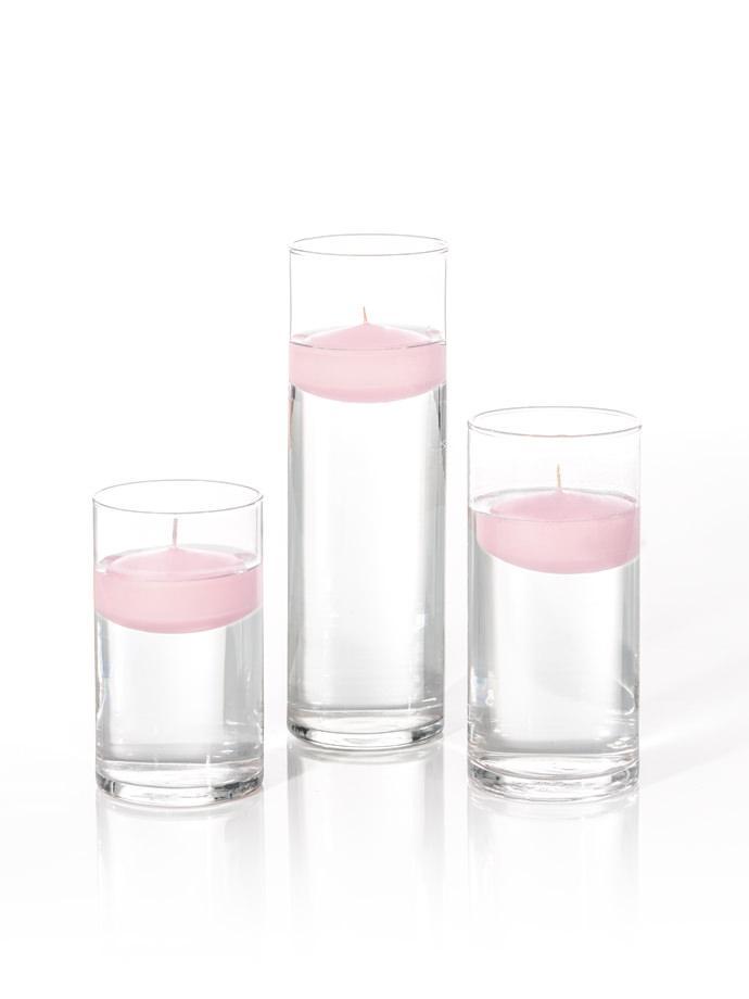 3.5"D x 6", 7.5", 9"H - 3" Floating Candles & Cylinder Vases - Set of 18