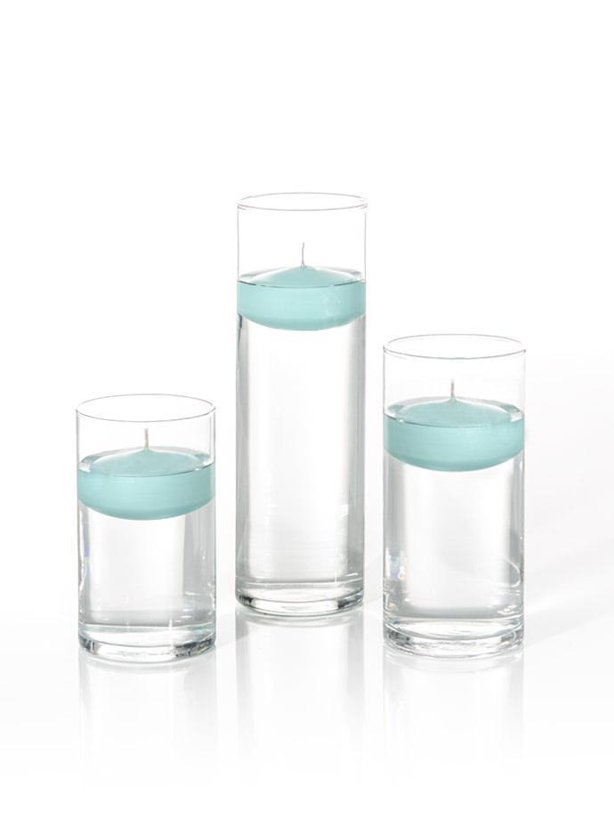 3.5"D x 6", 7.5", 9"H - 3" Floating Candles & Cylinder Vases - Set of 18